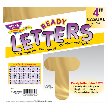 Trend Enterprises Gold Metallic 4" Casual Uppercase Ready Letters®, 71 Per Pack, PK3 T479